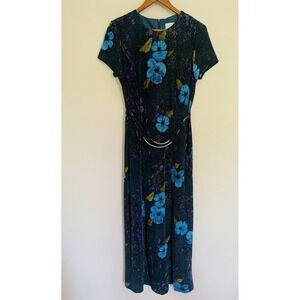 90's Lurex Metallic Shimmer‎ Floral Fitted Maxi Dress. Size 5/6. Front Slit.